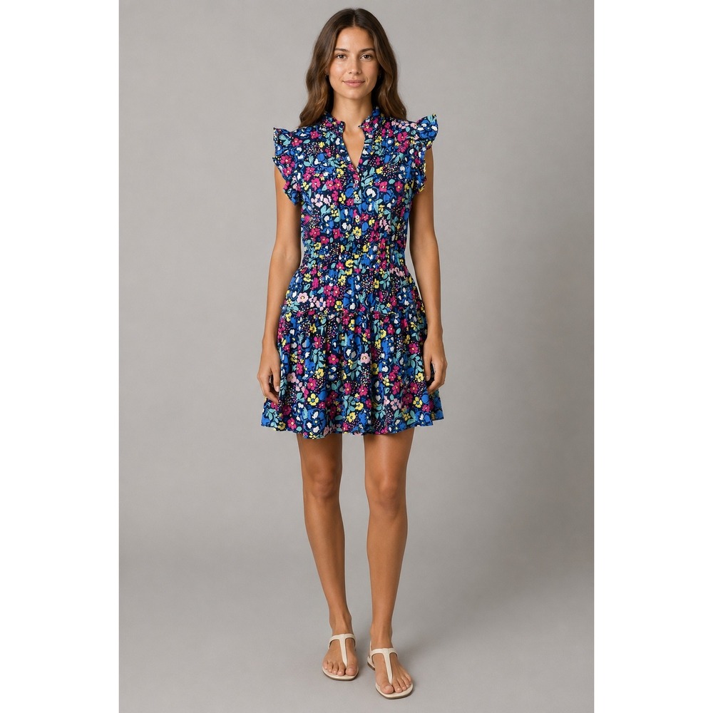 PINCH Floral Mini Dress Womens S Blue Ruffle Cotton Smocked Tiered Boho Preppy